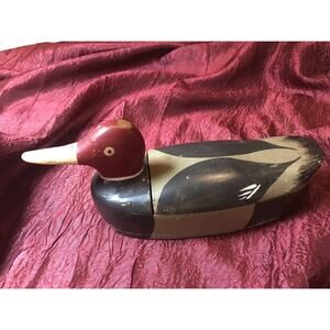 Vintage Homemade Wood Mallard duck drake Hand Painted Red head painted feathers
